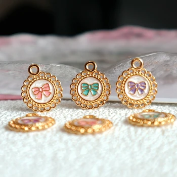 10 pçs laço arco redondo liga de metal pingente dupla face encantos diy colar pulseira brincos chaveiro acessório componente jóias