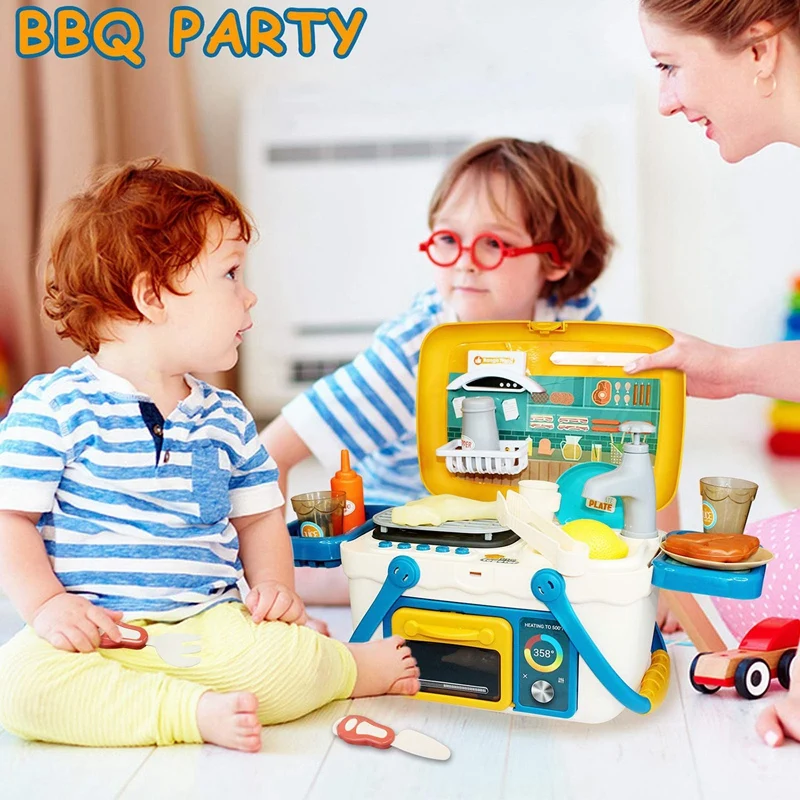 Kids BBQ Grill Playset Picnic Kitchen Basket Play Toys With Musics And Lights Pretend Foods Cooking Role Play Toys