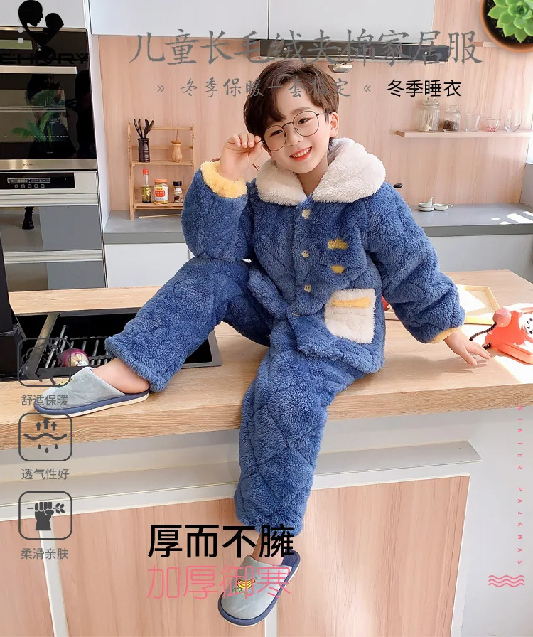 New Winter Kids Coral Fleece Pajamas Cartoon Lapel Thicken Tops with Pants Baby Boys Girls Sleepwear Pyjamas Sets Home Wear