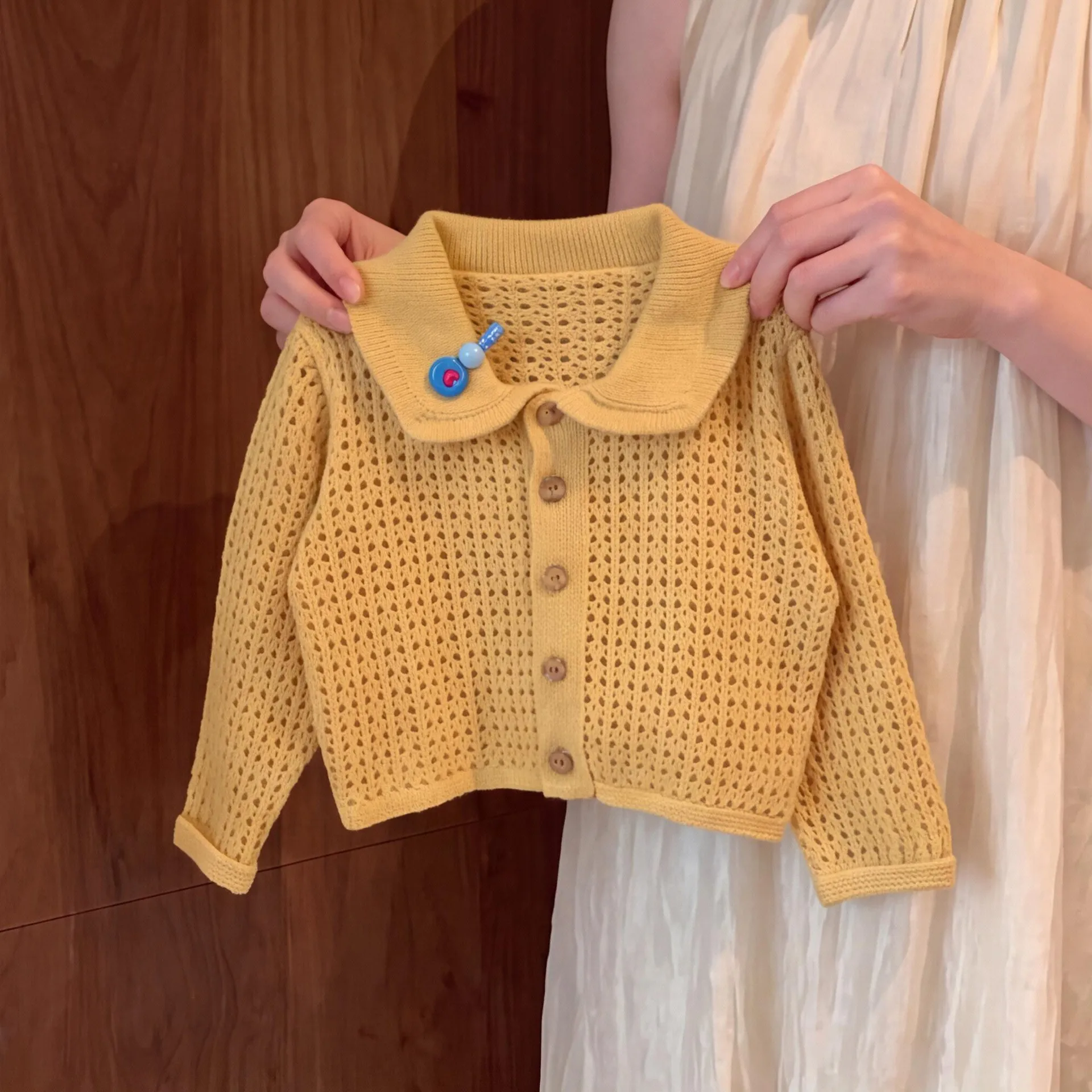 Children's Two-Piece Set Baby Hollowed-Out Cardigan Sweater Polka Dot Trousers Outfit for Kids
