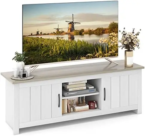 2 Doors TV Stand for TVs up to 65”, 57” Media Console Table w/ 2 Cabinets & Open Shelves, 2 Cable Management Holes.
