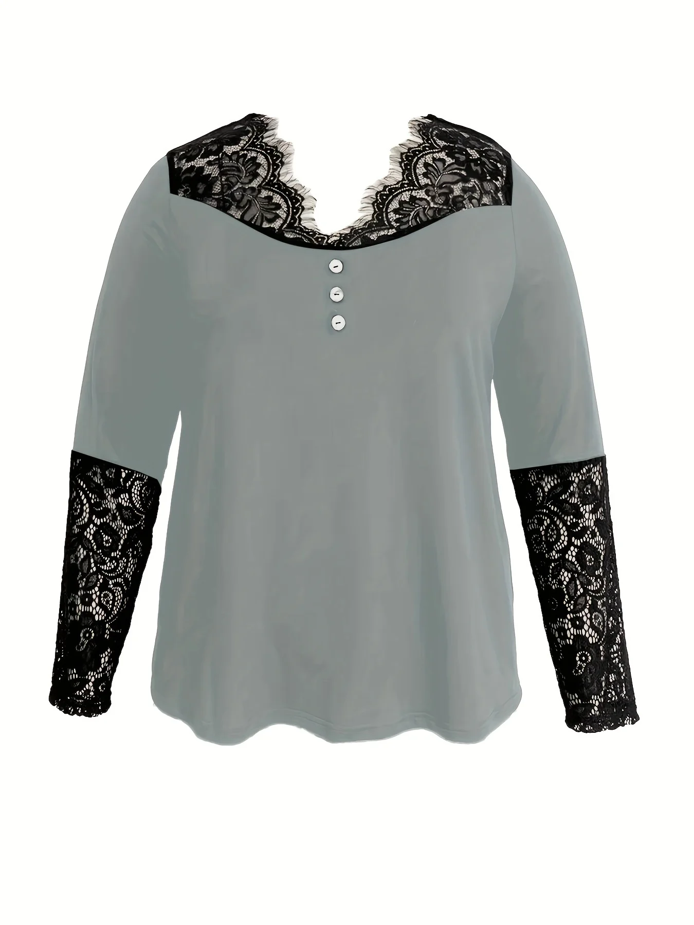 Camicetta da donna a maniche lunghe con bottoni sul davanti e bordi in pizzo grigio chiaro