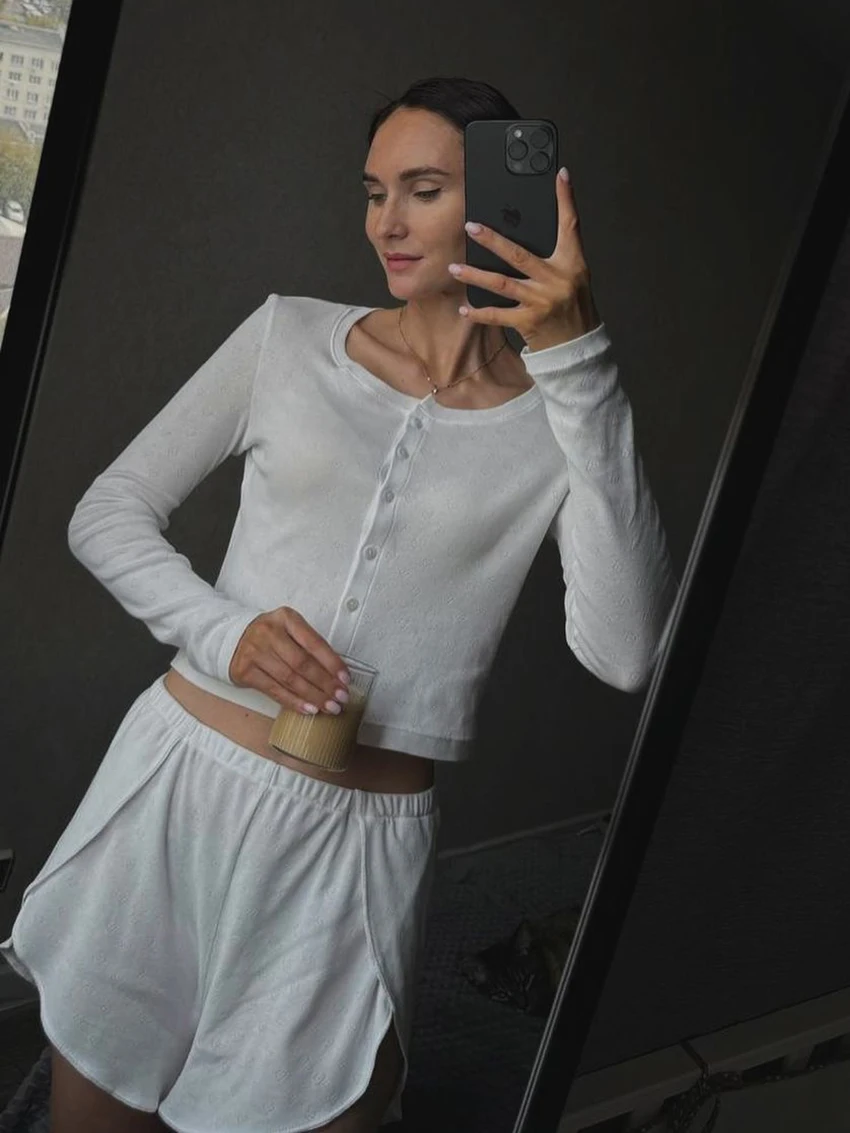 Marthaqiqi Casual Women Sleepwear Set Long Sleeve Robe O-Neck Nightie Crop Top Nightwear Shorts White Ladies Ladies Pyjamas Suit