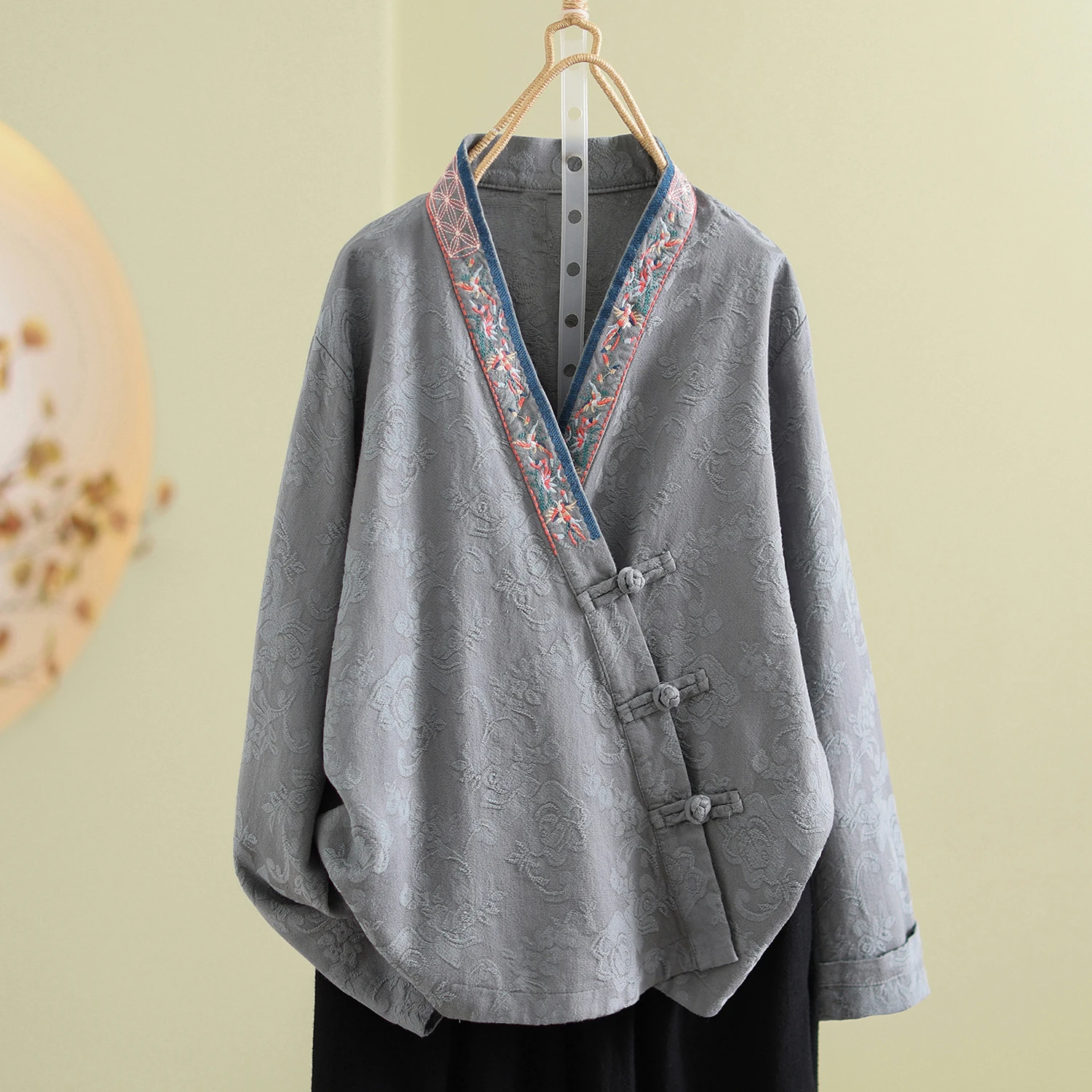 Retro Sle Oversized Women's Cotton Linen Embroidered irt Jaet Long Sve V-Ne Autumn Tea Ceremony Top Large Size