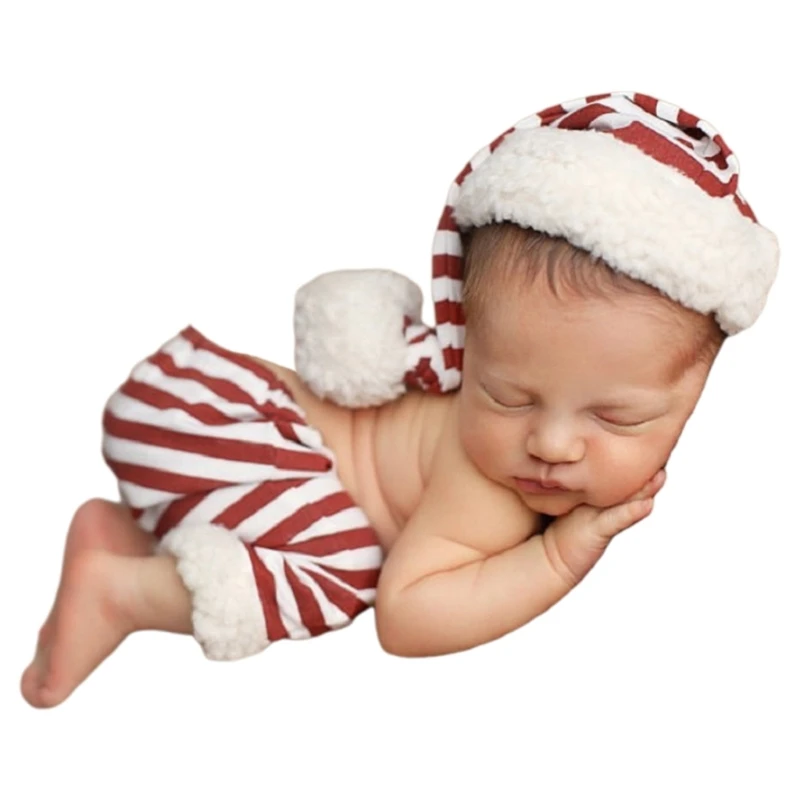 

Christmas Newborn Kids Photo Shoot Props Outfits Crochet Clothes Santa Claus Red and White Stripes Hat Pants Decoration