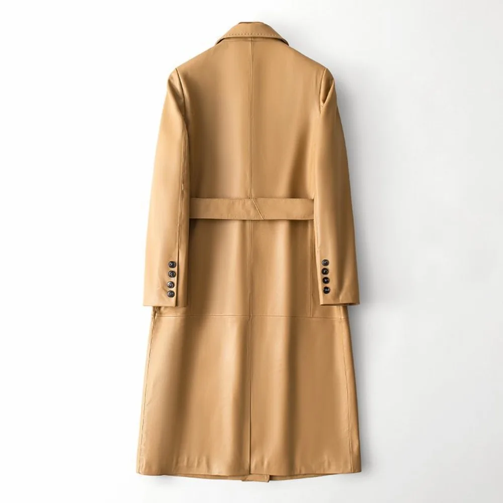 2025 New Women Sheepskin Leather Trench Coat Spring Long Casual Belted Jacket