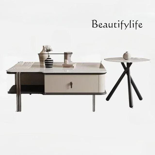 

Simple rock slab coffee table TV cabinet combination living room home light luxury modern small apartment high-end tea table