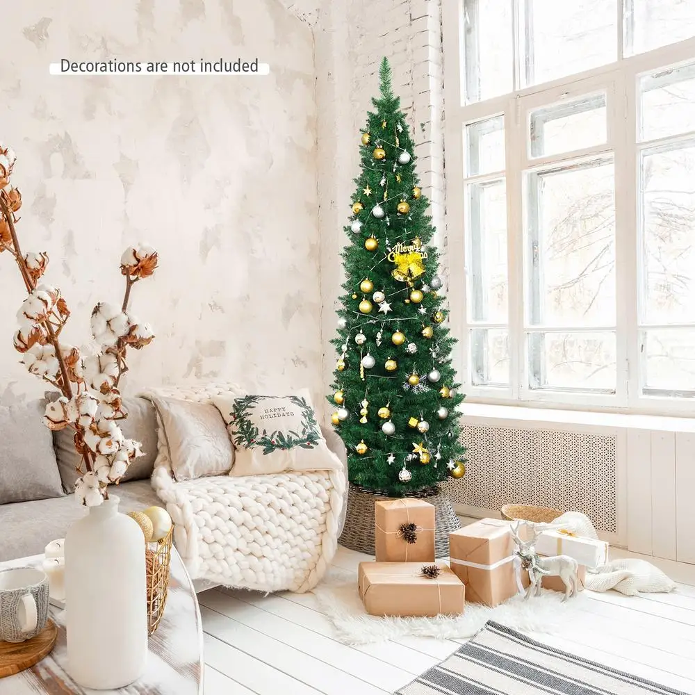 6 Ft Slim Pencil Christmas Tree, Green PVC Artificial Pine Needles, Sturdy Iron Base, Space Saving Design For Living Room Corner Holiday Decor