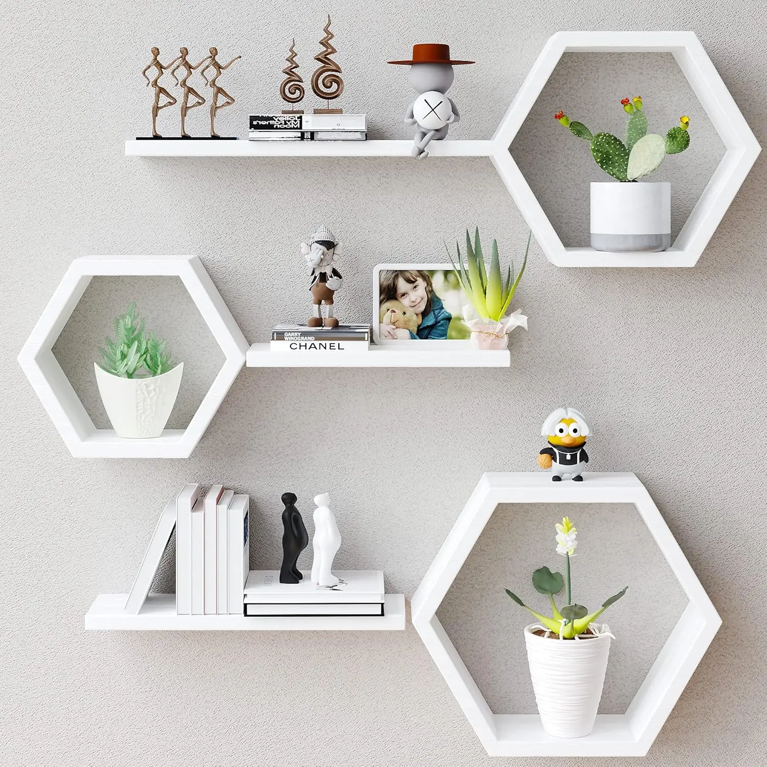 

Wooden Hexagon Floating Shelves Set of 6 - Pine Wall Mount Display for Photos, Plants, Rustic Honeycomb Style, White