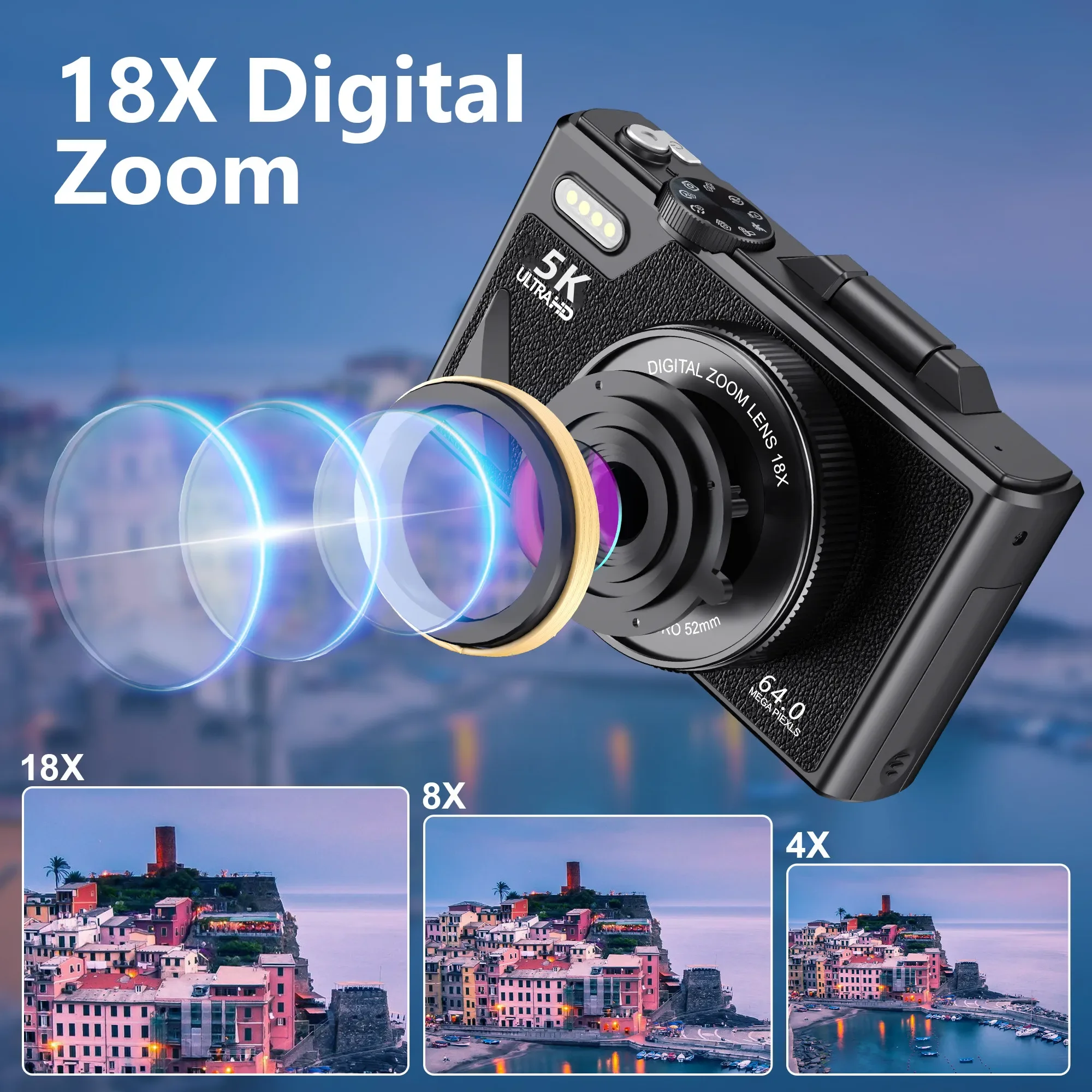 كاميرا تصوير رقمية 5K HD 75MP 18X تكبير رقمي عتيق مضاد للاهتزاز مسجل فيديو مدونة فيديو 180 °   كاميرا ويب يوتيوب بشاشة الوجه