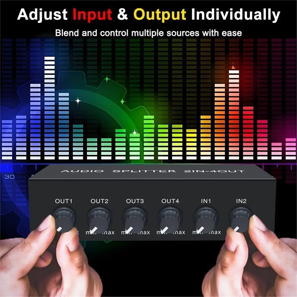 2 in 4 Out L/R Audio Splitter Stereo Line Level Distributor Mixer with Volume Control, Eu Plug
