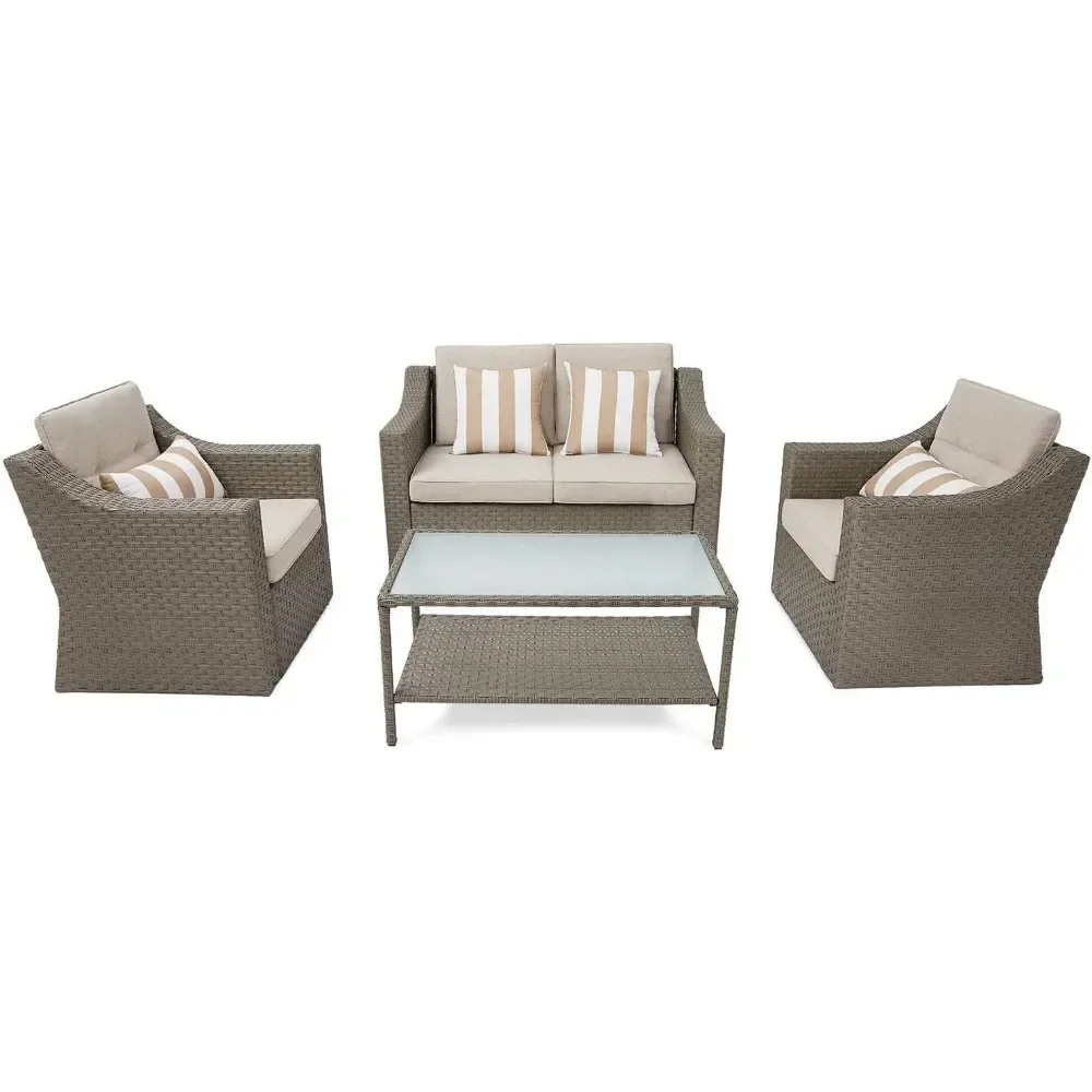 Patio Furniture Set Conversation Set All Weather Wicker Furniture 4 Pieces Sectional Sofa Set with Tempered Glass Coffee Table