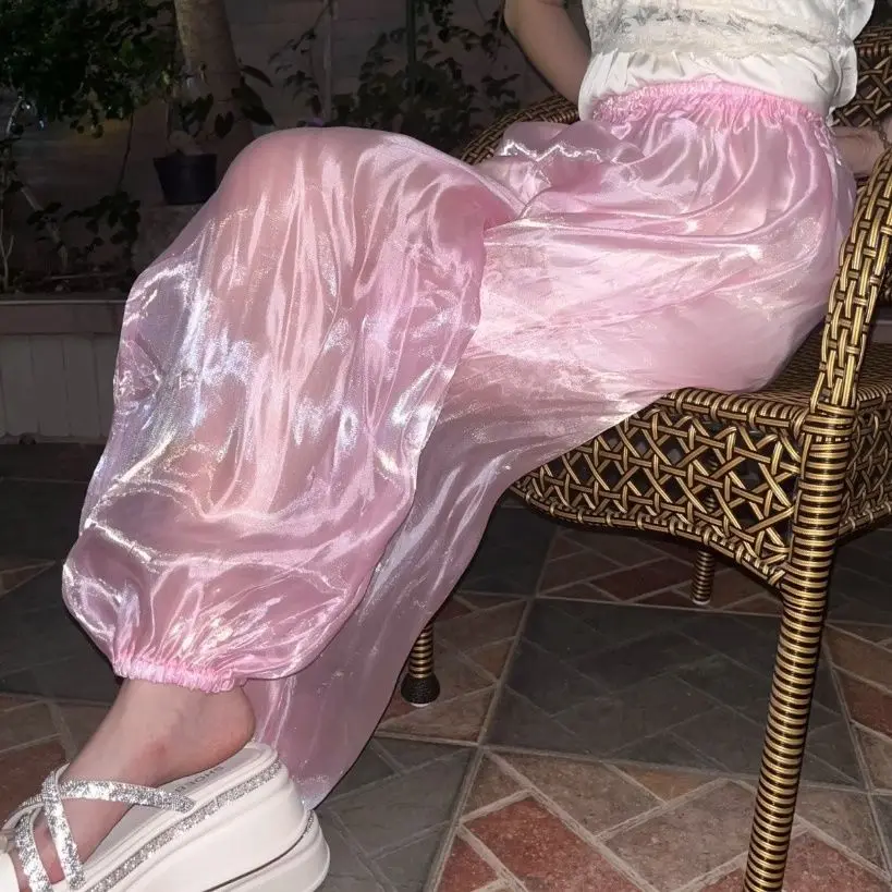 

Glossy liquid water gauze organza pajamas pants Summer plus size sleeping bottoms lantern trousers