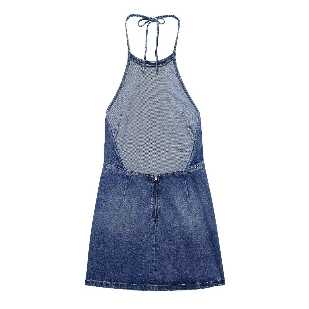 Mini vestido jeans retrô com renda feminino, sem mangas, sem costas, vestido de palhaço, moda casual, novo, 2024