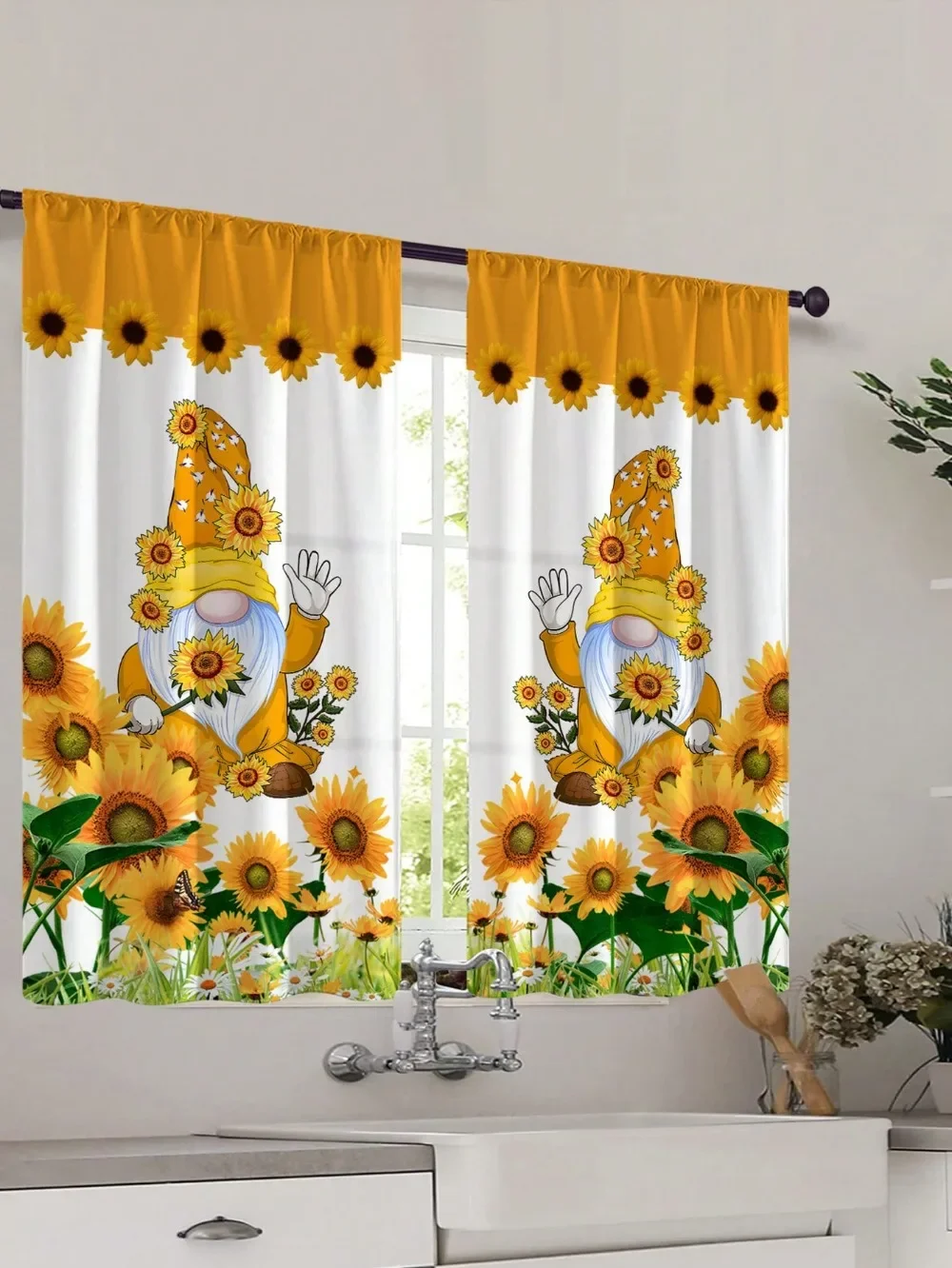2Pcs Checkered Sunflower Printed Window Curtains Modern Style Rod Pocket for Kitchen Bedroom Home Decor