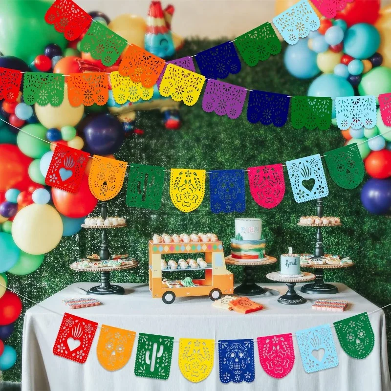 Bunte mexikanische Party Banner Dekorationen Papel Picado Filz Fiesta Kaktus Geburtstag Party Flaggen Dia De Los Muertos Girlande Dekor – Detail 2