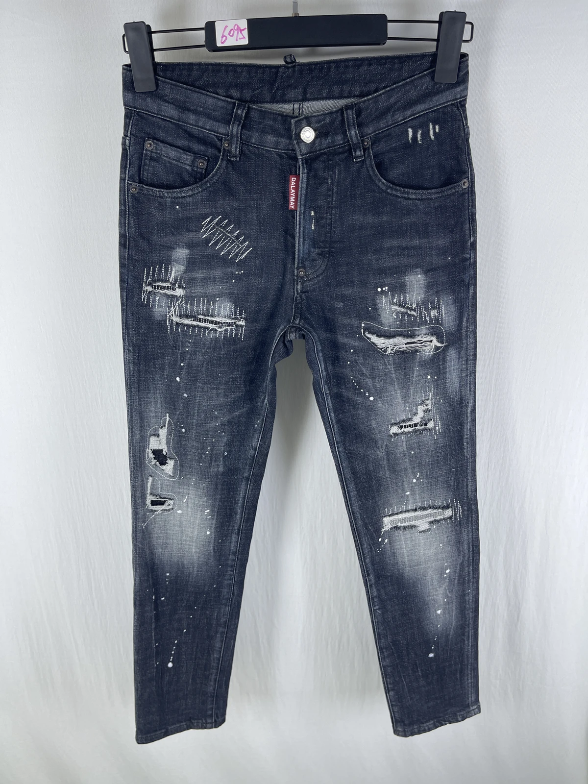 

6095 Four Seasons New D2 Jeans Men's Fashion Trend Slim Fit Ripped Patch Heavy Work Old Black