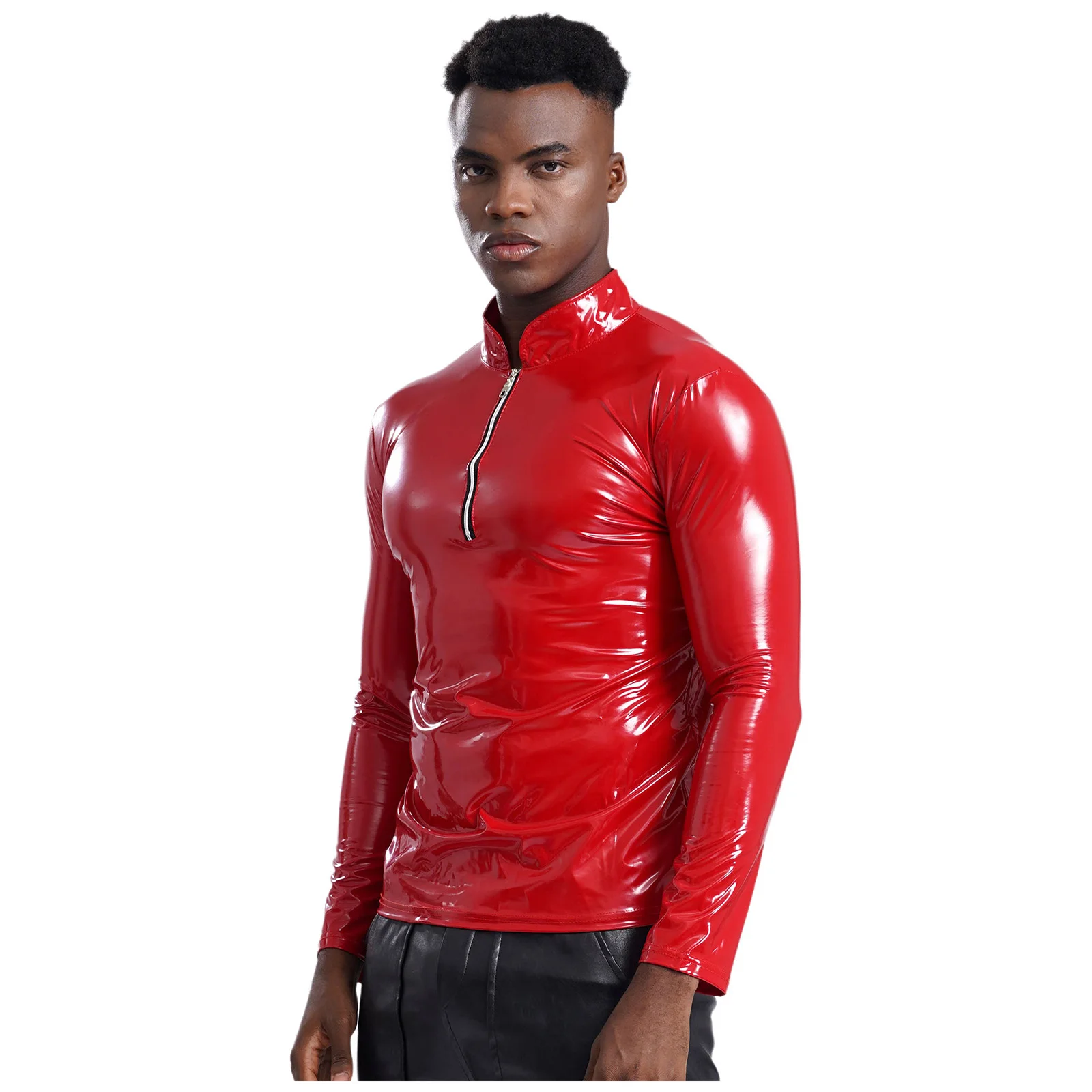 Mens Metallic Shiny Latex Coat for Male Clubwear Glossy PU Leather Latex Shirt Tops Mock Neck Long Sleeve Front Zipper Shirt