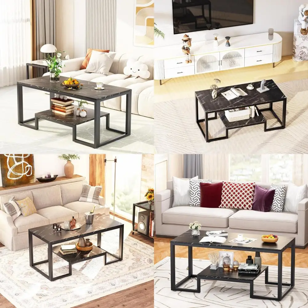

Modern Faux Marble Rectangle Coffee Table with 2 Tiers and Sturdy Metal Frame for Living Room