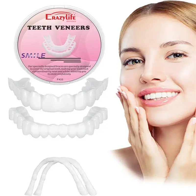 Teeth Veneers Snap on Tooth Cover Set Dentures Dental Veneers Snap on False Teeth Upper & Lower Imitation Teeth Braces Teeth