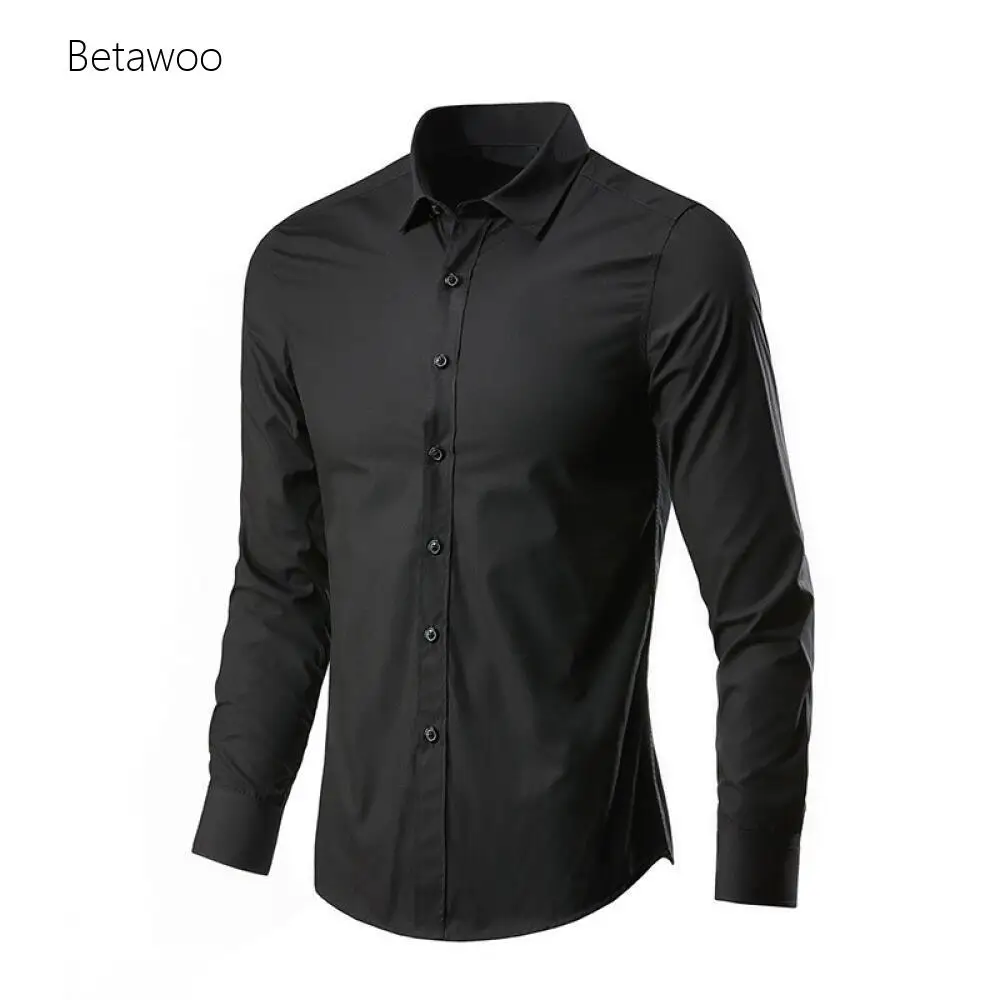 

Solid Black Button Down Shirt, Men's Slim Fit Casual Long Sleeve Blouse