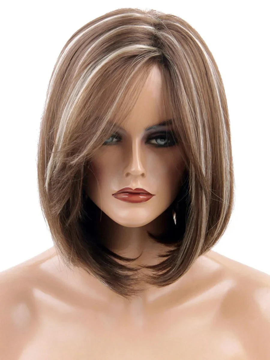 Full Wig Charming Daily Wigs Short Bob Straight Hair Fancy Dress Party Wig for Women Natural Brown Highlight Wig with Side Bangs