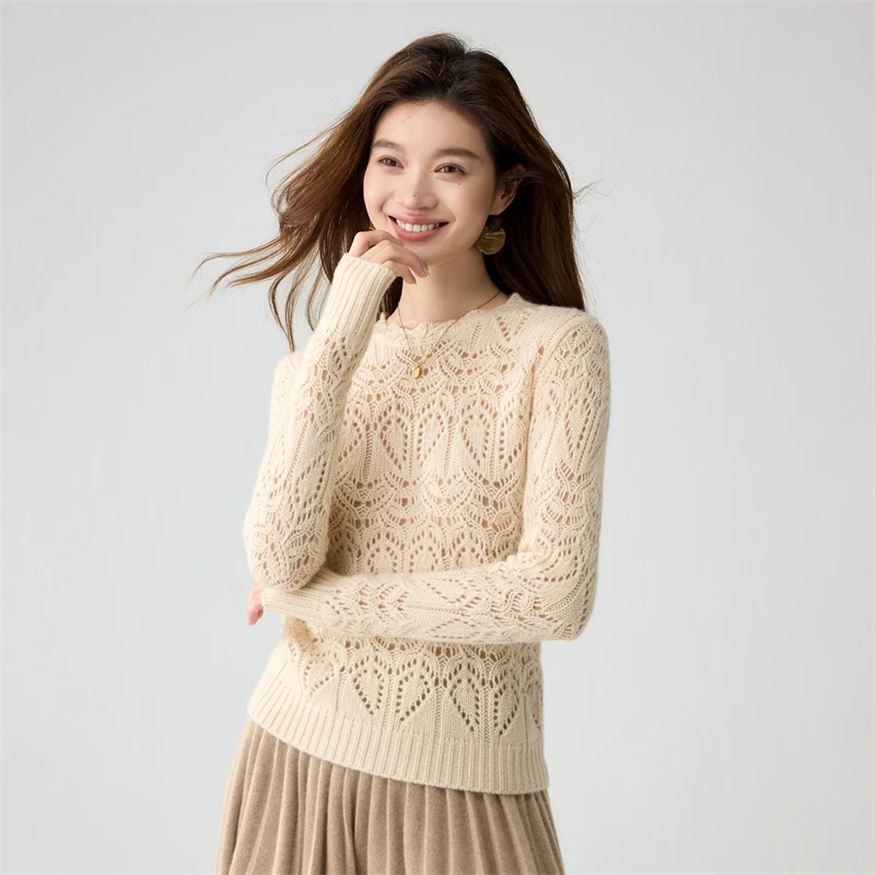 Women's 100% Cashmere Pullover Sweater O-Neck Scalloped Raw Edge Fern Leaf Openwork Jacquard minimalist office ready Knit Top