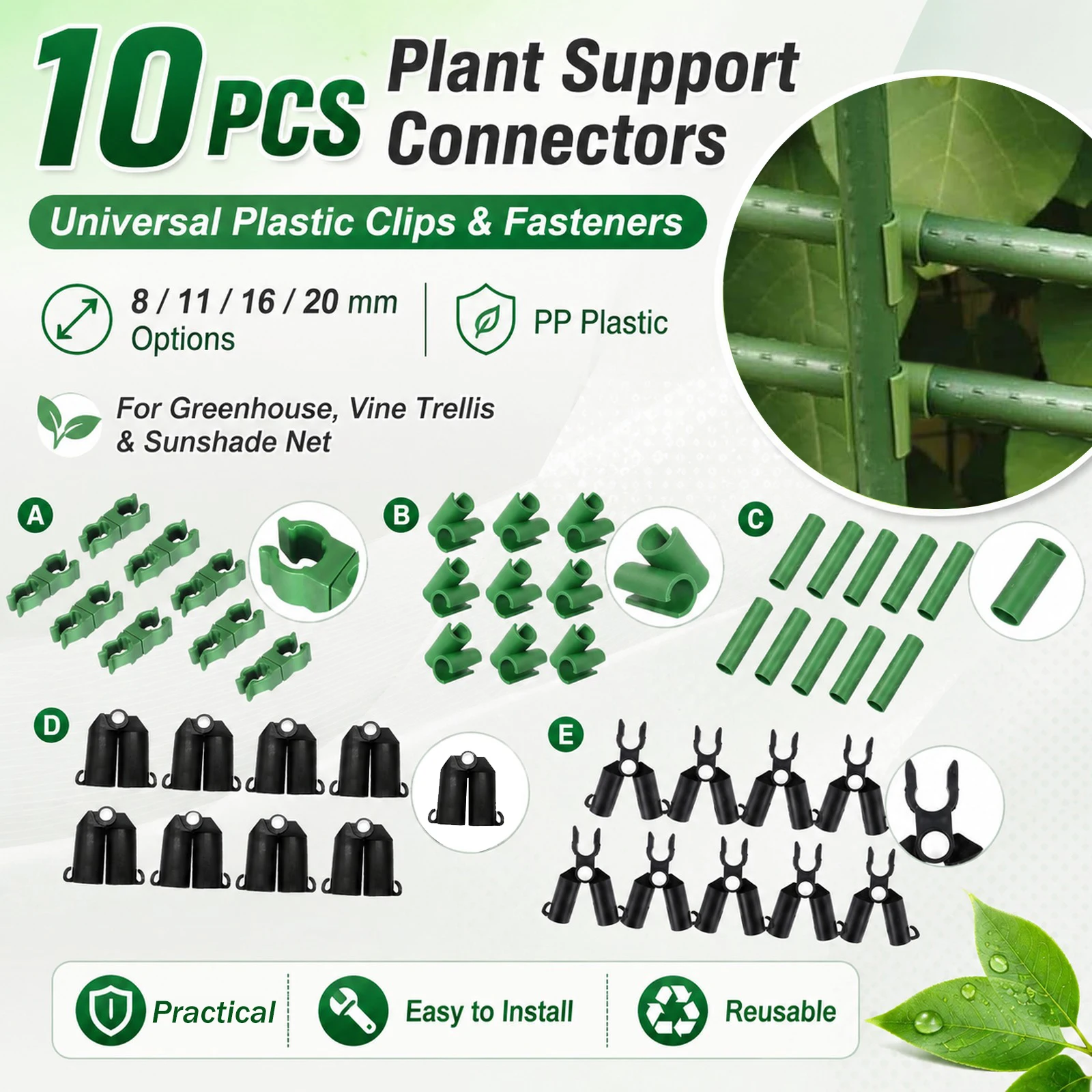 

Adjustable Plastic Plant Pillar Connectors 10PCS Universal Fixed Clips Fastener, 8/11/16/20mm Diameter for Garden Plants