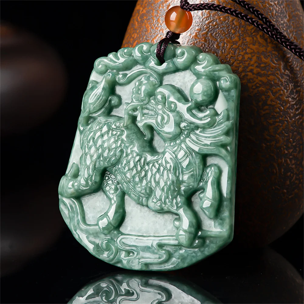 Charm Natural Grade A Green Jadeite Carved Charm Kylin Lucky Pendant Amulet Necklace Certificate Luxury Jade Vintage Jewelry