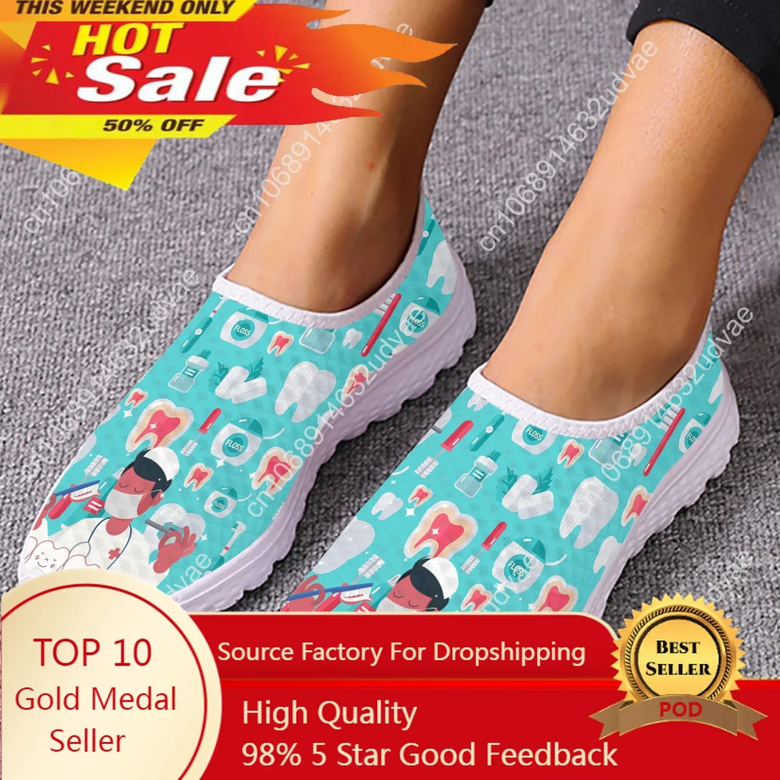 

Dentist Shoes Women's Flats Cartoon Dental Nurse Print Breath Mesh Comfort Sneakers for Ladies Girls Summer Loafers