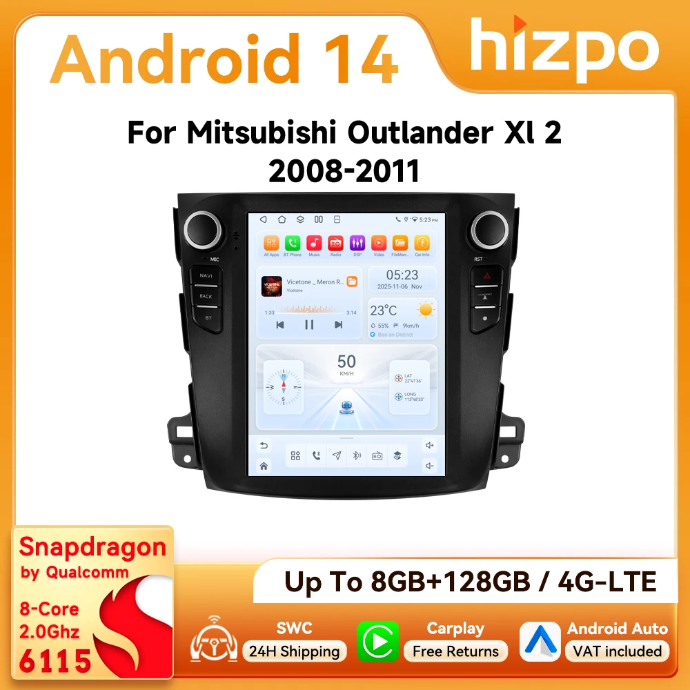 9,7-Pouces Hizpo Android Autoradio pour Mitsubishi Outlander XL 2 2008 - 2013 Tesla-Style Bildschirm Auto CarPlay GPS-Navigation Snapdragon 6115