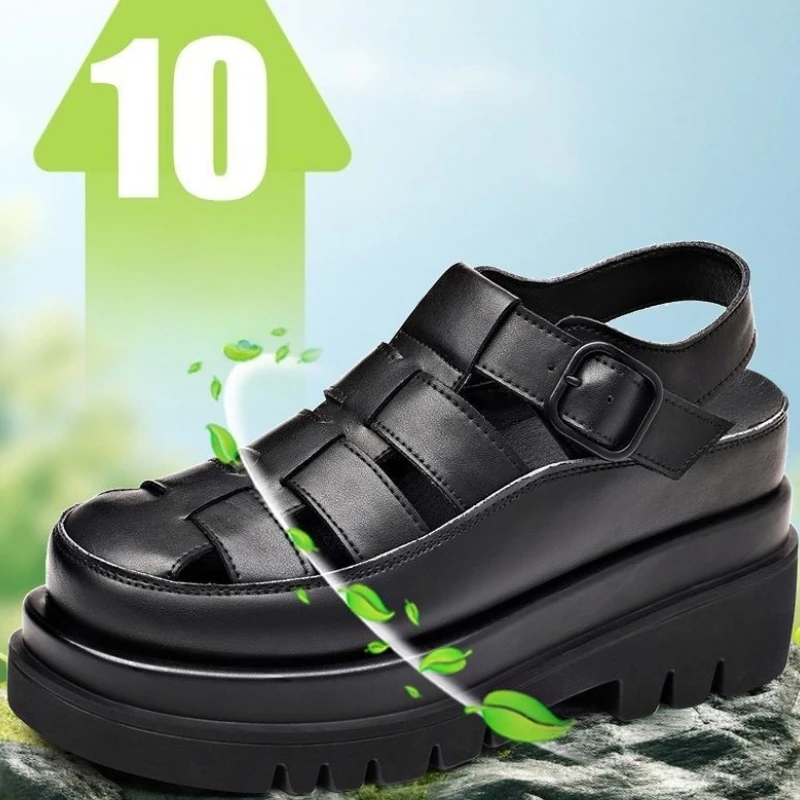 

Летние римские сандалии, мужские сандалии из натуральной кожи на толстой подошве 10 см в британском стиле, удобная пляжная обувь на толстой платформе