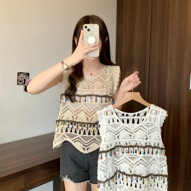 

Ice Silk Hollow Camisole Women Thin Sleeveless Sexy Knitted Tank Top Crop Tops