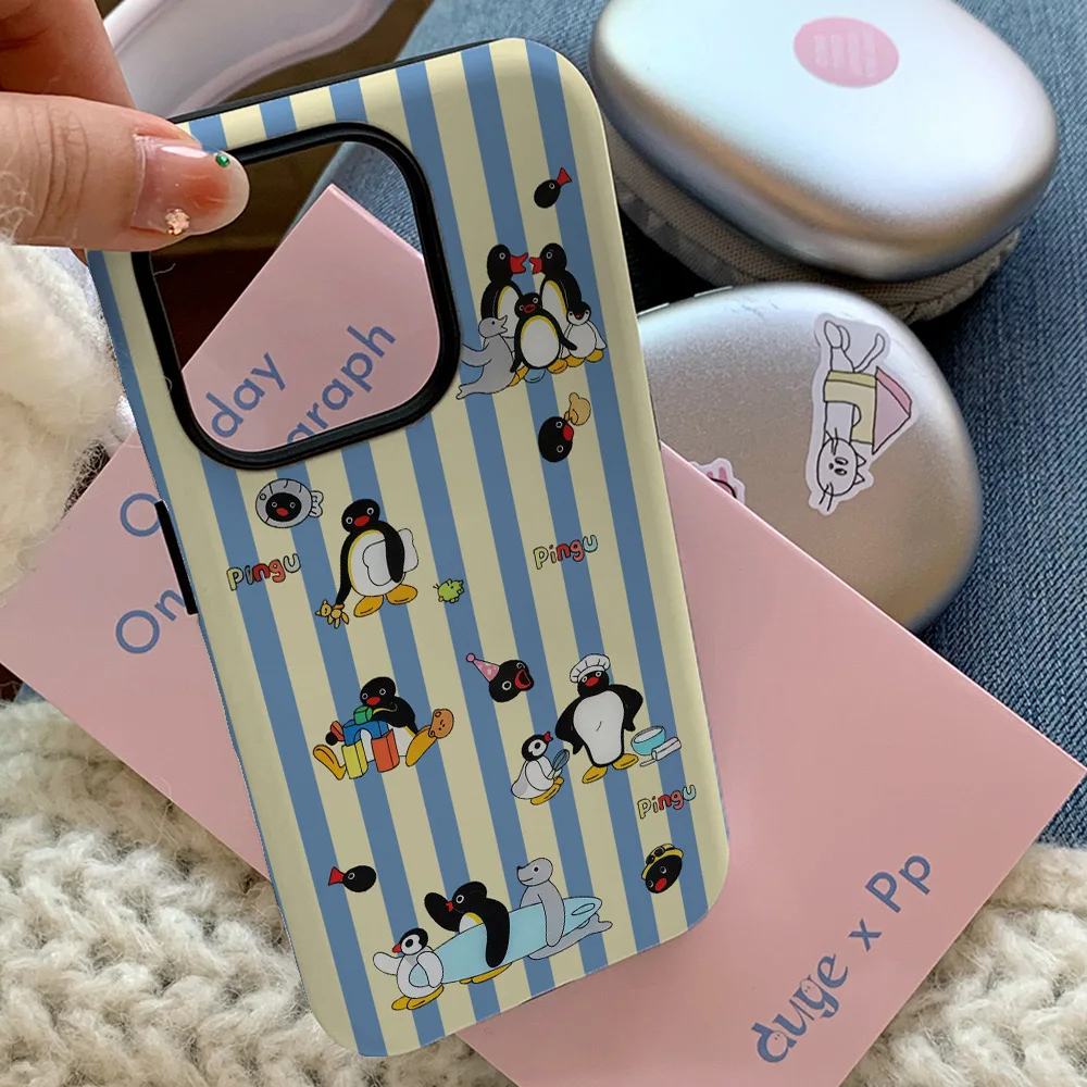 Blue and Yellow Striped Penguin Art Phone Case for IPHONE 16 15PRO MAX 14 13 12 11 Acrylic TPU Two in One Magnetic Phone Cases