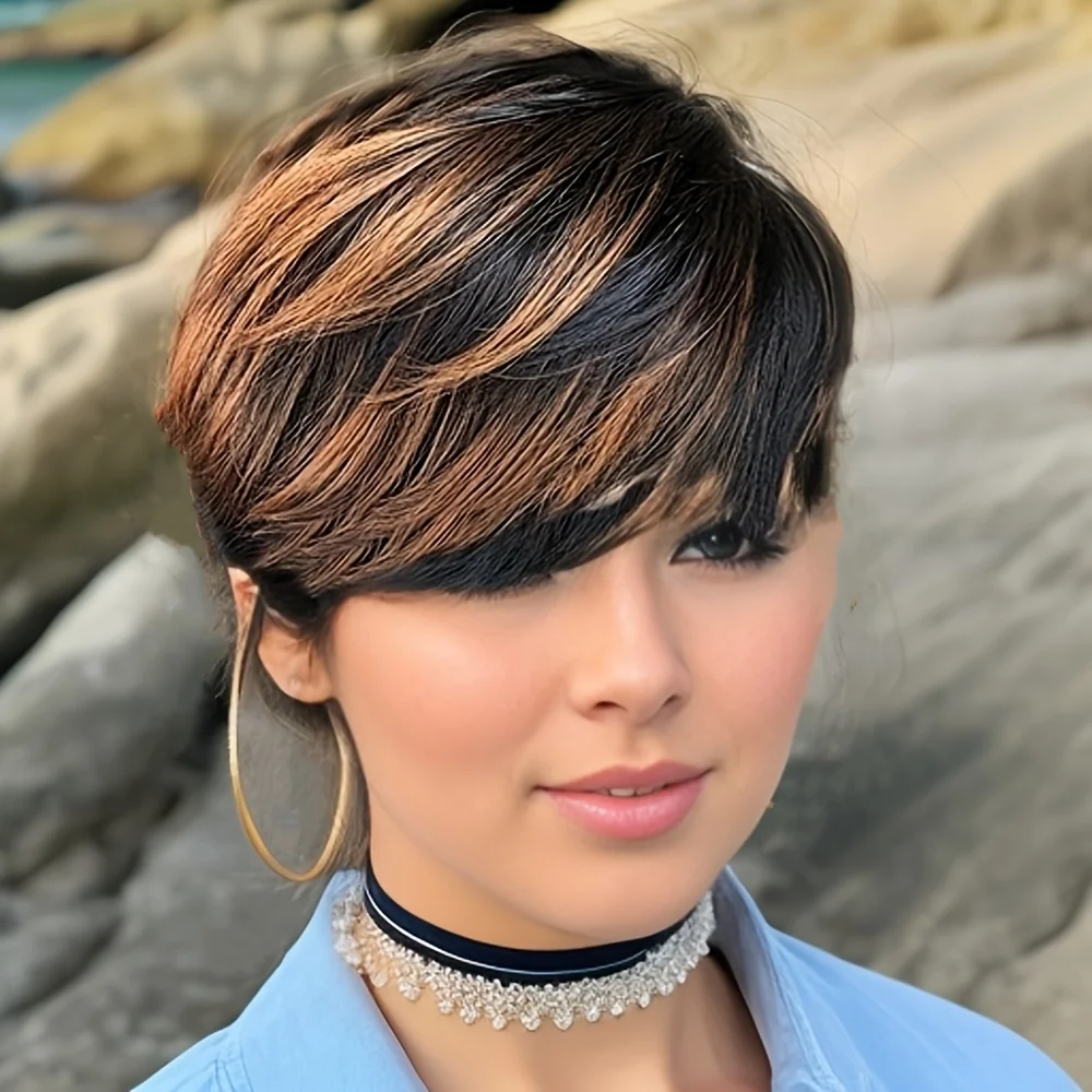 픽시컷 믹스 컬러 헤어스타일 짧은 스트레이트 인모 가발 (앞머리 포함) 여성용