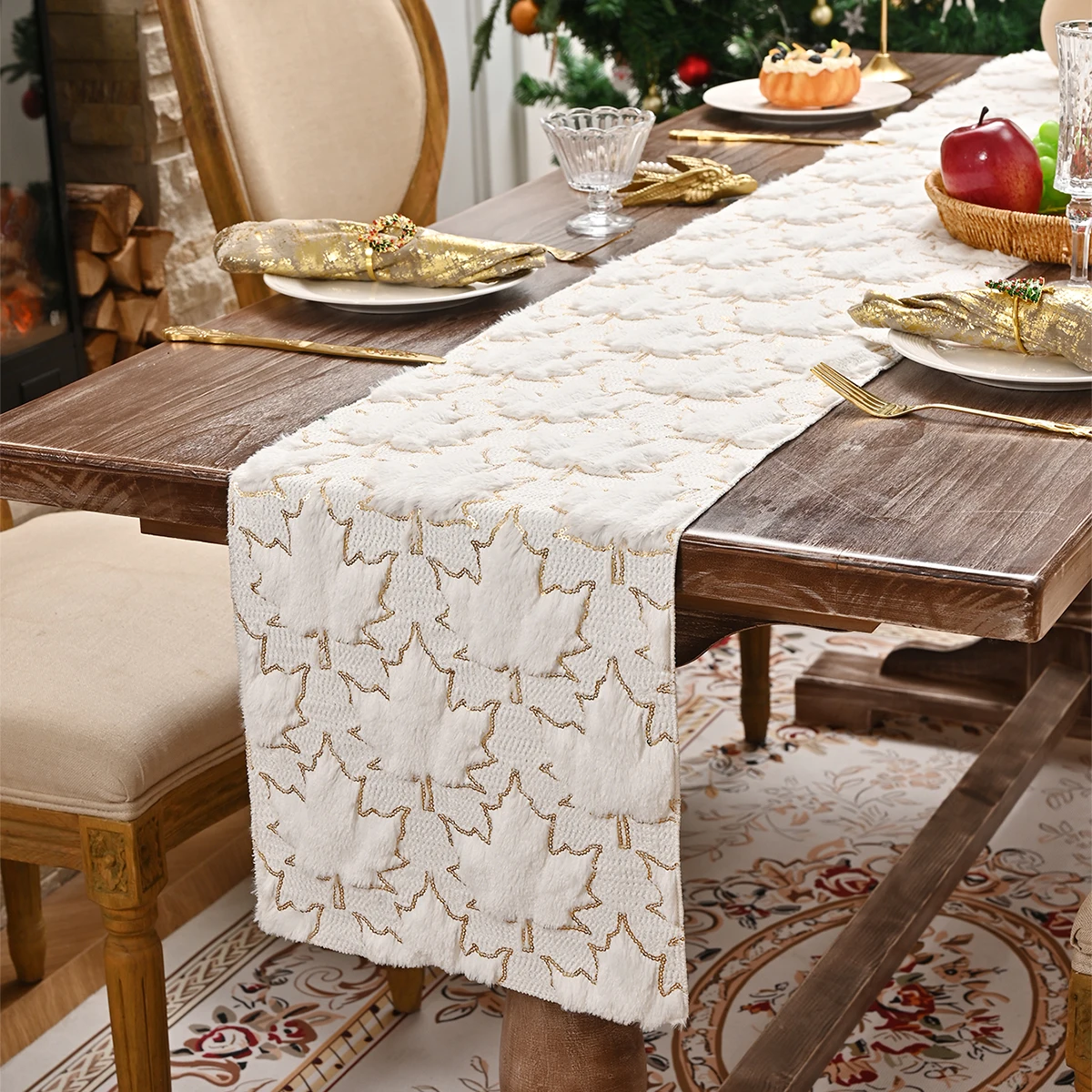

1pc Christmas Soft Plush Faux Jacquard Christmas Table Runner, Holiday Kitchen Dining Table Decoration for Home