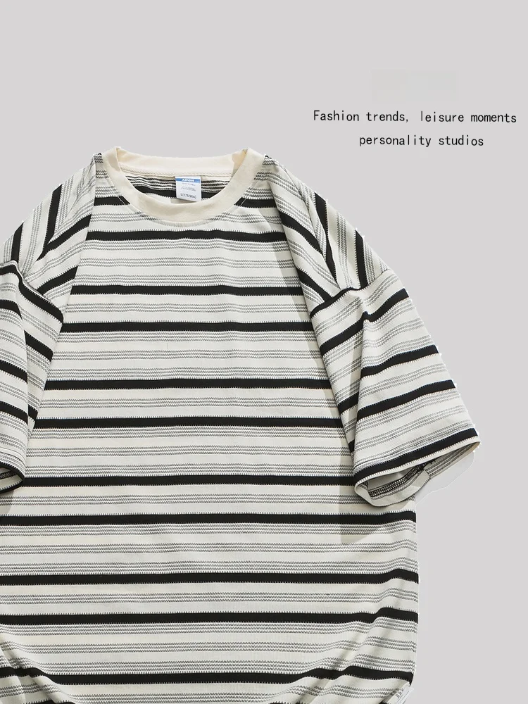 

ANXIE Loose Striped ort Sve T-irt ex Casual High Street Faion Summer round Ne Top for Men And Women