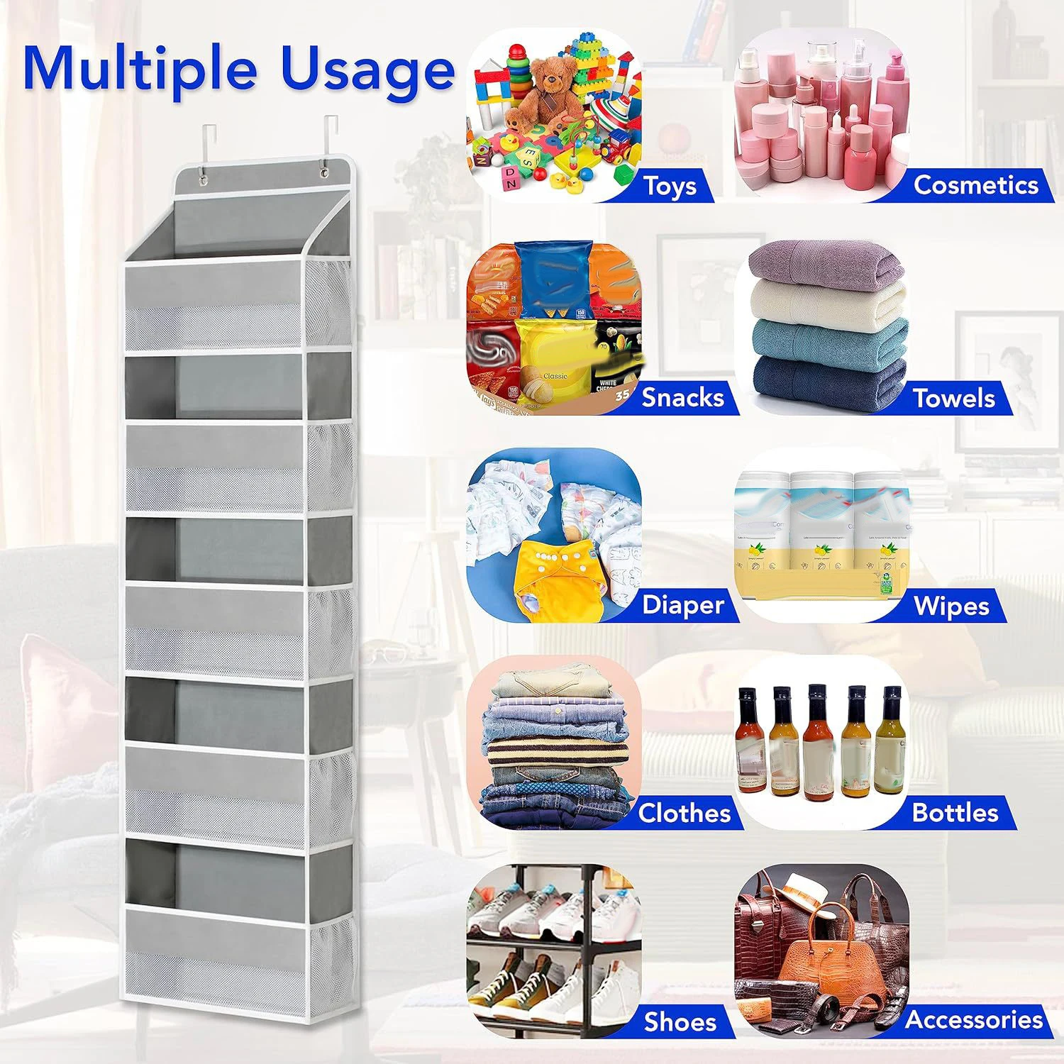 Over The Door Organizer, 5 Shelf Clear Window Hanging Storage Organizer with 5 Mesh Side Pockets,40 lbs Load Behind Door