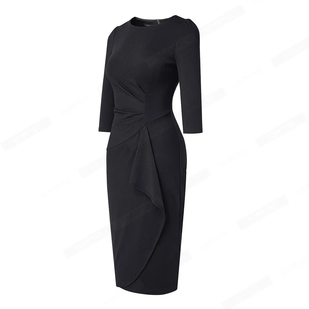 Vrouwen Business Elegante Effen Kleur 3/4 Mouw O Hals Ruches Lady Bodycon Potlood Jurk EB733