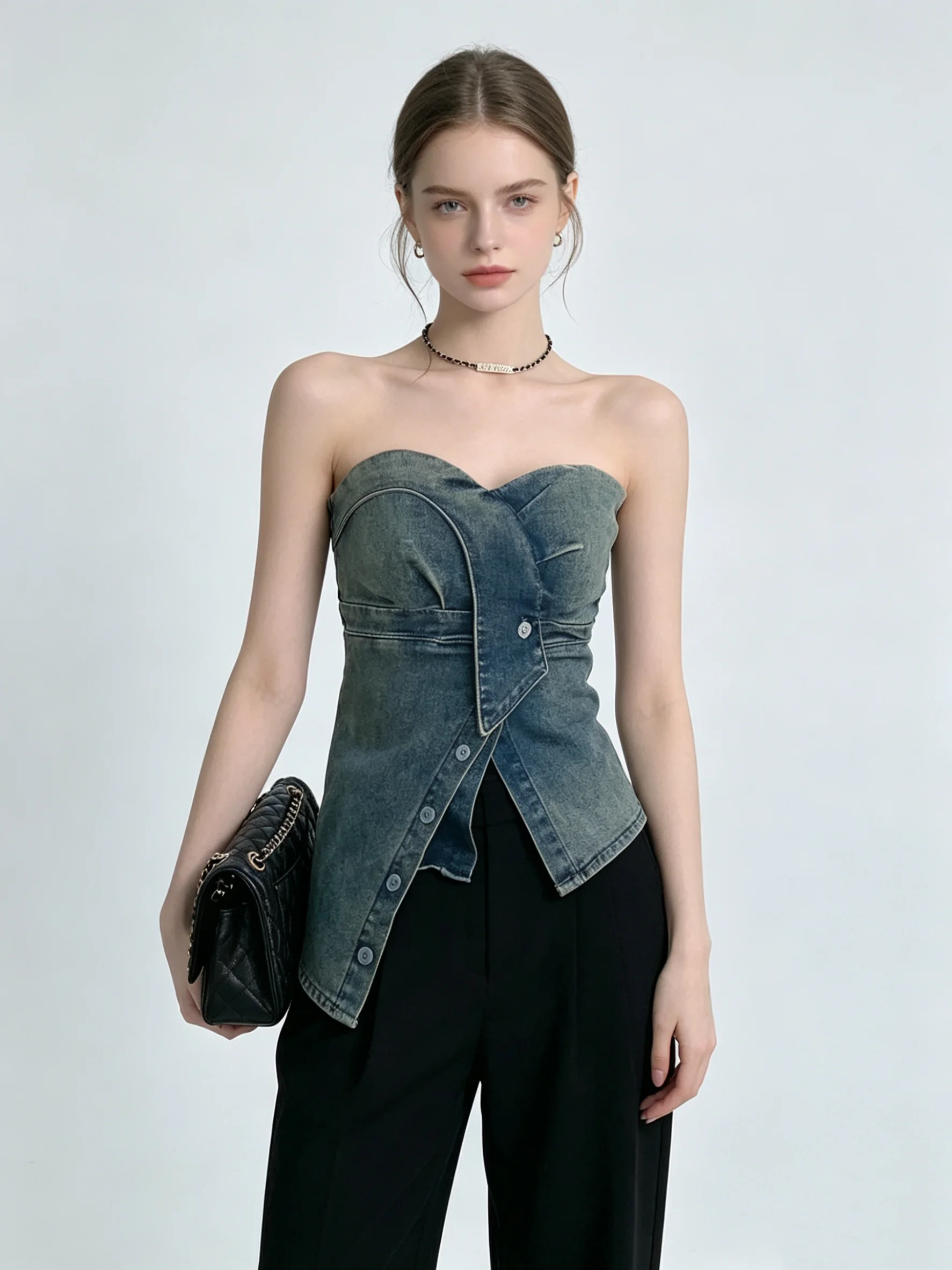 Women\'s Blue Crop Top Vintage Y2k Camisole 90s Aesthetic Streetwear 2000s Off Shoulder Sleeveless Tank Top Fashion 2024 Summer