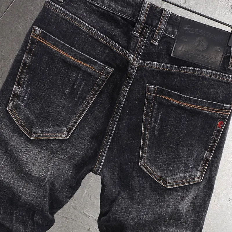 Italian Style Fashion Men Jeans High Quality Retro Black Gray Slim Fit Ripped Jeans Men Stretch Vintage Designer Denim Pants