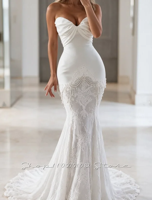 Elegent White Strapless Mermaid Wedding Dress Twist Bodice Tassel Beading Lace Bridal Gown Sweep Train Customized robe de mariée