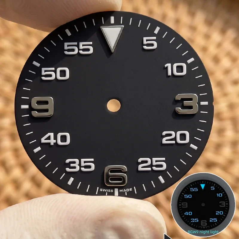 28,5mm/31mm Steriles Piloten-Zifferblatt ohne Logo, geeignet für Seiko NH35/4R35 Automatikwerk, BGW9 Leuchtmittel, Gehäuse-Mod-Teile