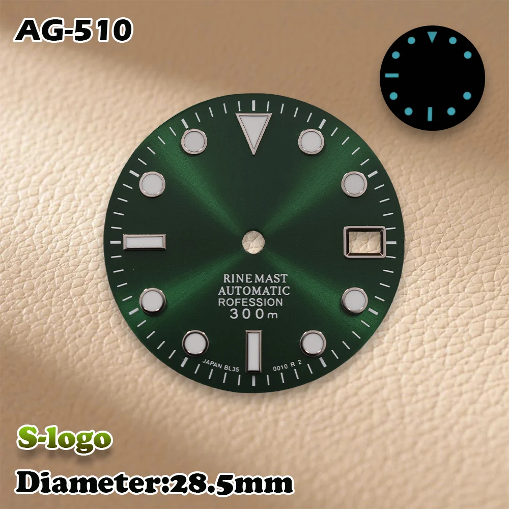 S Logo 28.5mm SUB Sunburst Dial NH35/NH36 Movement Green Luminous Watch Modification Accessories Repair Parts