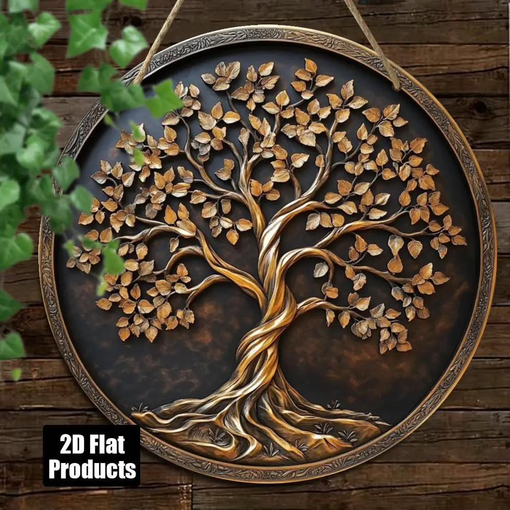 2D-flaches, kreisförmiges Holzschild mit Lebensbaummotiv für 1 Person zum Aufhängen – 2D-flache Wandkunst, mit goldenem und braunem Blattdesign