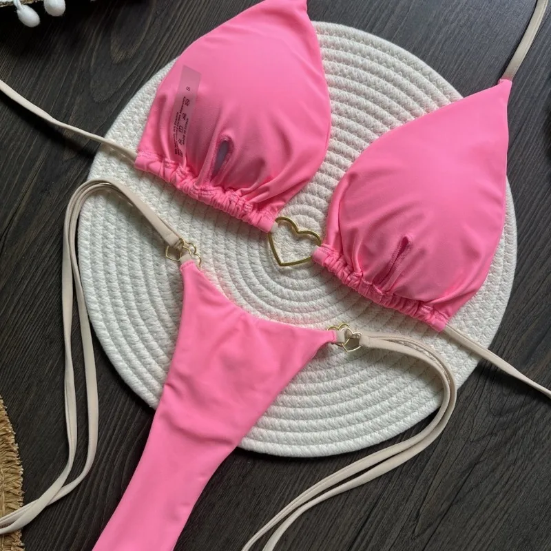 2025 Pink Love Bikinis Set Women's Sexy Swimsuit Beachwear Low Waist Girls Strappy Biquini Panties Three-point Bikini Underwear