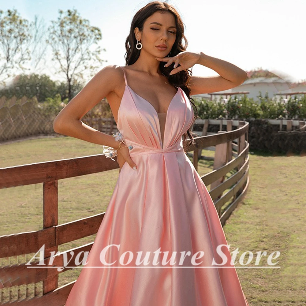 Simple Pink V-Neck Evening Dress Spaghetti Strap Sleeveless Sexy Open Back A-Line Floor Length Women with Pleat and Belt Gowns