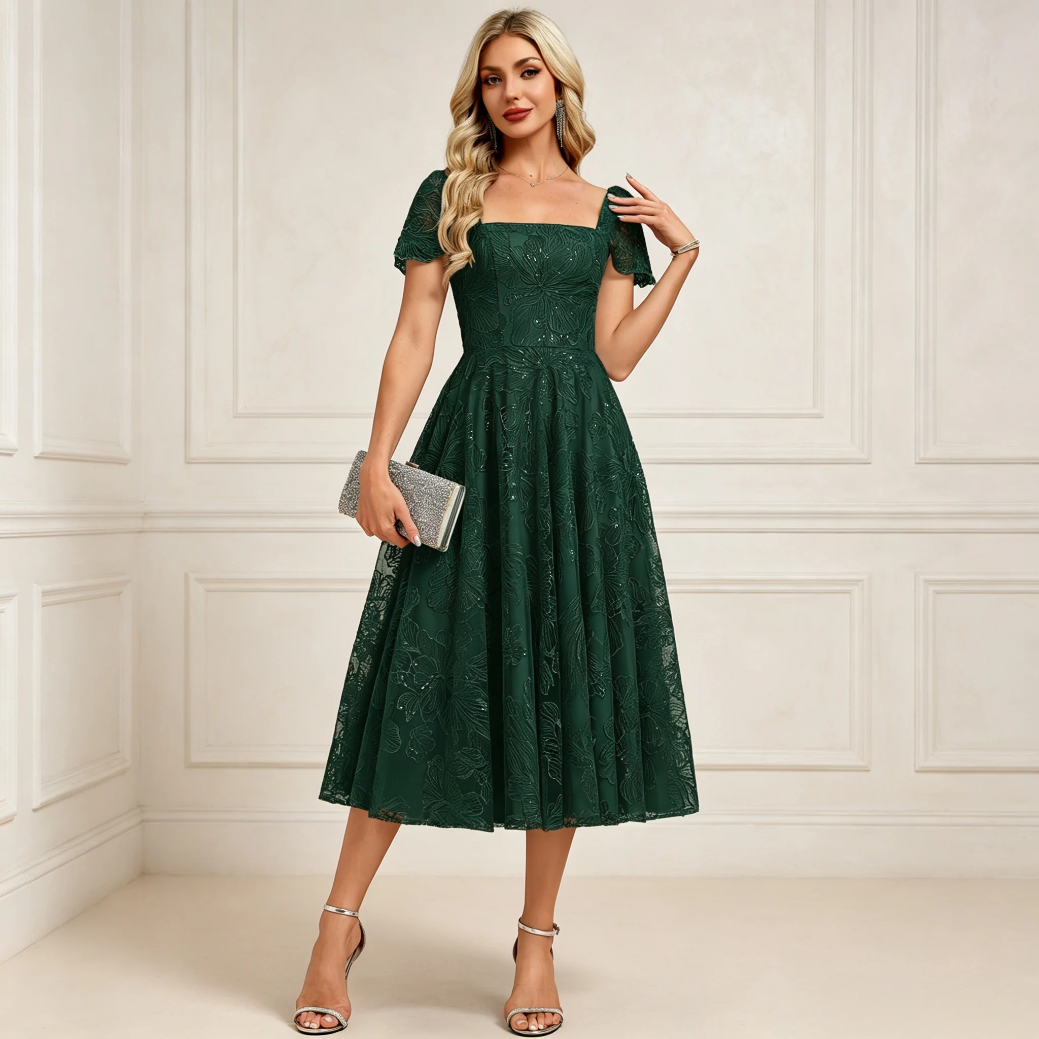 Square Neck Sequin Floral Lace Midi Dress Puff Short Sleeve A‑Line Wedding Guest Cocktail Party Gown Customized