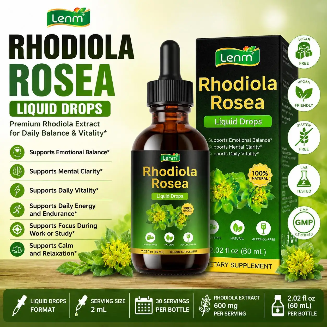 Lenm Rhodiola Rosea Liquid Drops Supports Focus During Work or Study, Supports Calm Relaxation and Daily Energy, 30 Servings