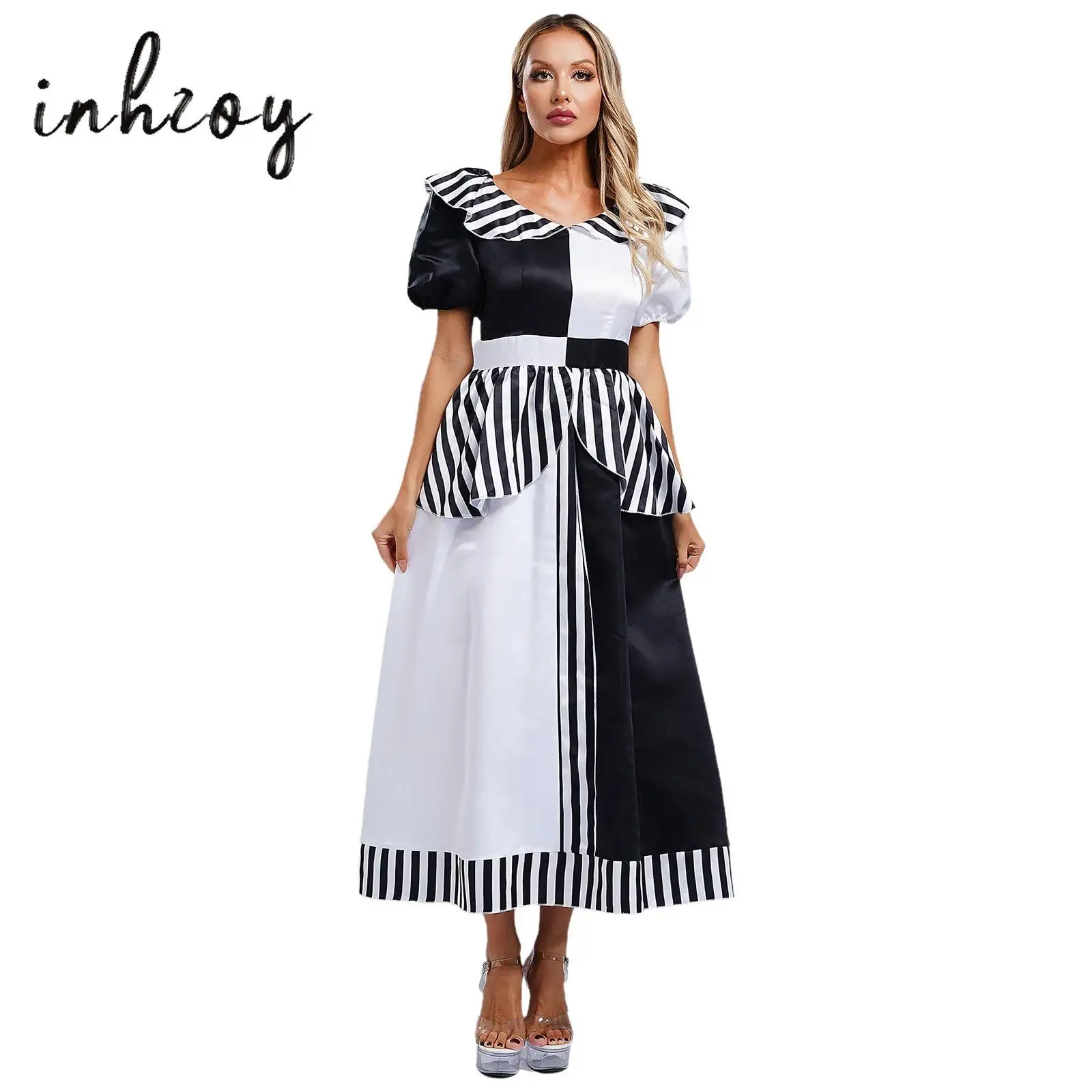 

Women Halloween Clown Dress Killer Cosplay Costume Short Sleeve Patchwork Dress for Masquerade Role Play Party Stage Performance
